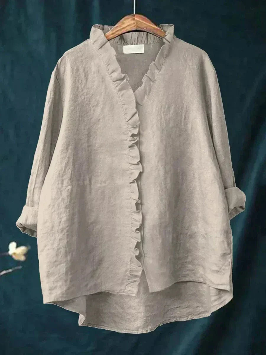 Elegant Summer Blouse in White Ruffle Linen Grey, photo studio