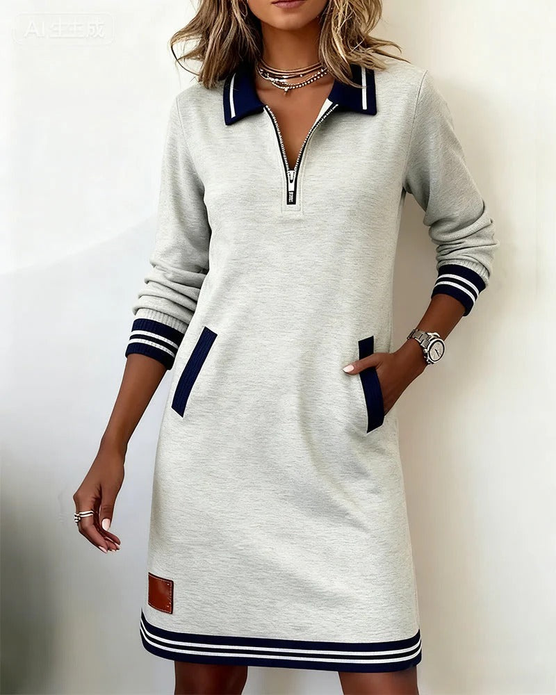 Isolde | Tailored-Collar Midi Dress with Side Pockets Grey, studio photo