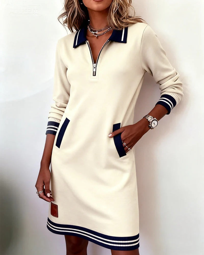 Isolde | Tailored-Collar Midi Dress with Side Pockets White, studio photo