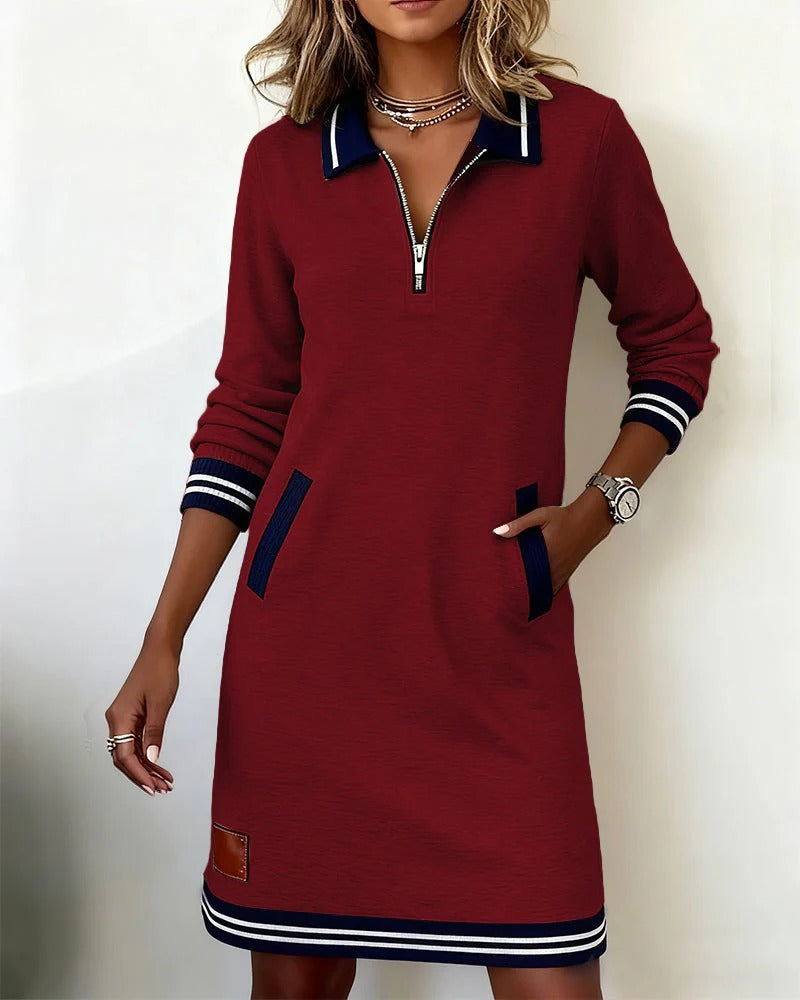 Isolde | Tailored-Collar Midi Dress with Side Pockets Red, studio photo