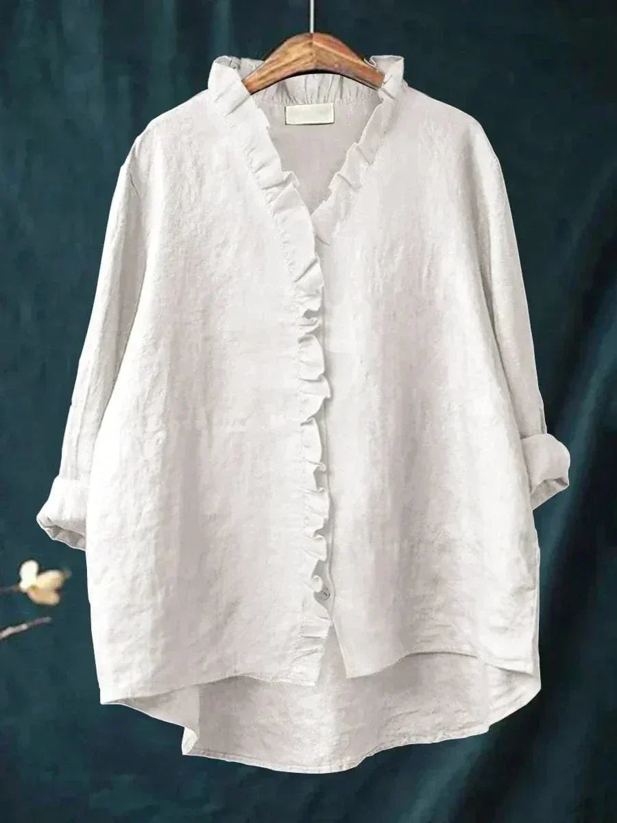 Elegant Summer Blouse in White Ruffle Linen White, photo studio