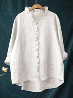 Elegant Summer Blouse in White Ruffle Linen