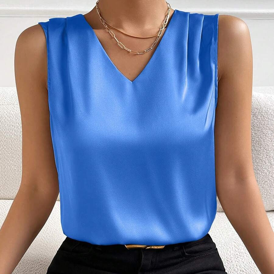 Josie | Sleeveless V-Neck Blouse Blue, studio photo