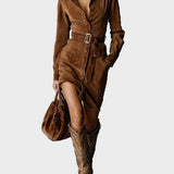 Long-Sleeve Suede Midi Dress with Tailored Collar