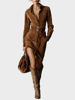 Long-Sleeve Suede Midi Dress with Tailored Collar