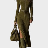 Adeline | Belted Brown Suede Maxi Dress with Zip