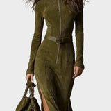 Green Vintage Maxi Dress with Zip and Belt