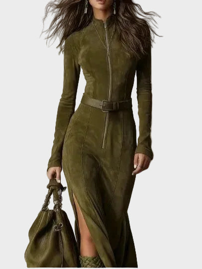 Green Vintage Maxi Dress with Zip and Belt