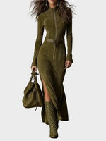 Green Vintage Maxi Dress with Zip and Belt