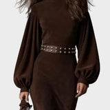 Retro Long-Sleeve Maxi Dress with Mid-High Neck