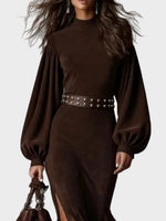 Retro Long-Sleeve Maxi Dress with Mid-High Neck