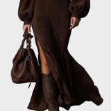 Retro Long-Sleeve Maxi Dress with Mid-High Neck