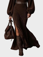Retro Long-Sleeve Maxi Dress with Mid-High Neck