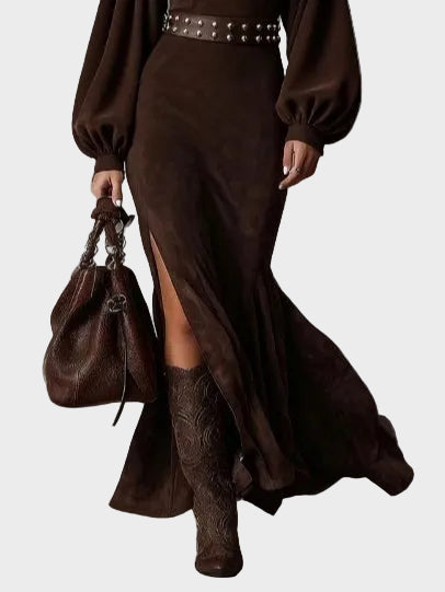 Retro Long-Sleeve Maxi Dress with Mid-High Neck