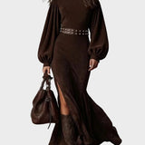 Retro Long-Sleeve Maxi Dress with Mid-High Neck