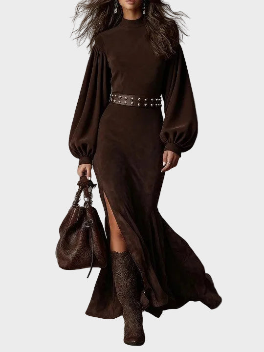 Retro Long-Sleeve Maxi Dress with Mid-High Neck Brown, photo studio
