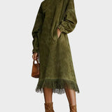Fringed Suede Turtleneck Dress in Olive, Midi
