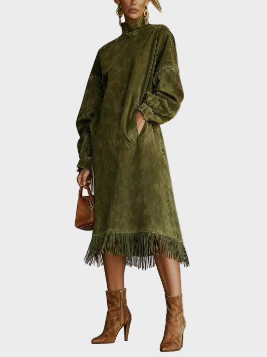 Fringed Suede Turtleneck Dress in Olive, Midi