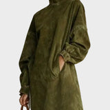 Fringed Suede Turtleneck Dress in Olive, Midi