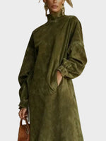 Fringed Suede Turtleneck Dress in Olive, Midi