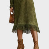 Fringed Suede Turtleneck Dress in Olive, Midi