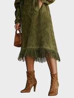 Fringed Suede Turtleneck Dress in Olive, Midi