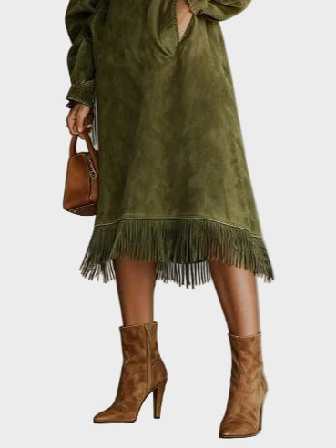 Fringed Suede Turtleneck Dress