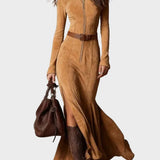 Adeline | Belted Brown Suede Maxi Dress with Zip