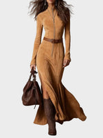 Adeline | Belted Brown Suede Maxi Dress with Zip