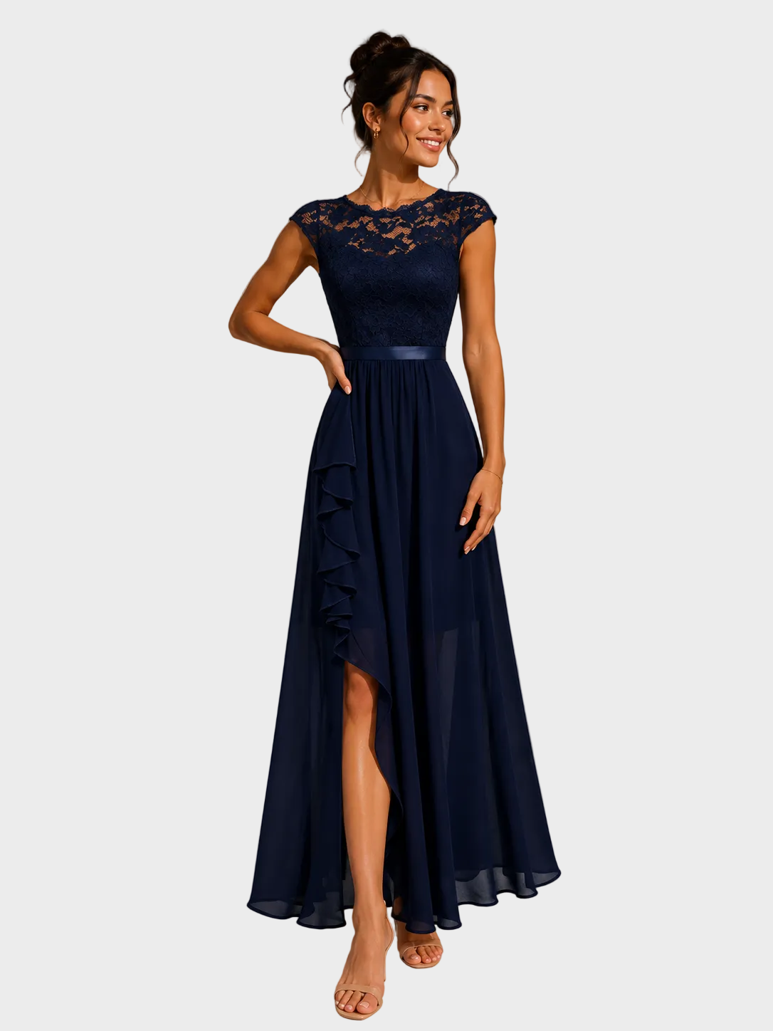 Jodie | A-Line Maxi Dress with Ruffles and Lace Navy, photo studio