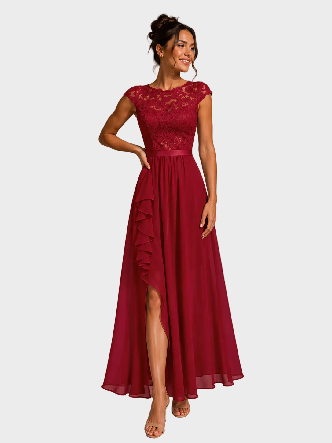 Jodie | A-Line Maxi Dress with Ruffles and Lace Red, photo studio