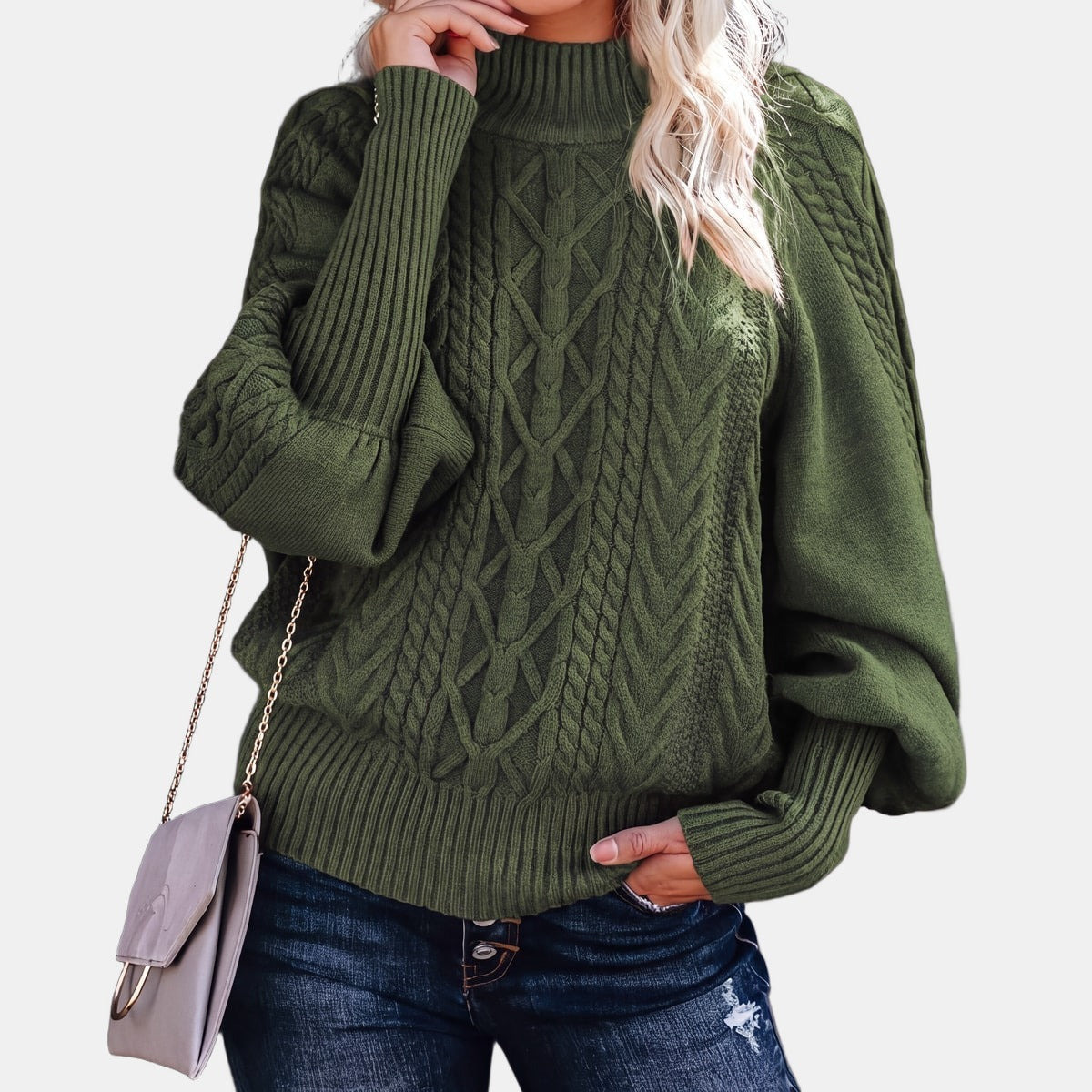 Khaki Oversized Cable Knit Jumper Army Green, studio photo