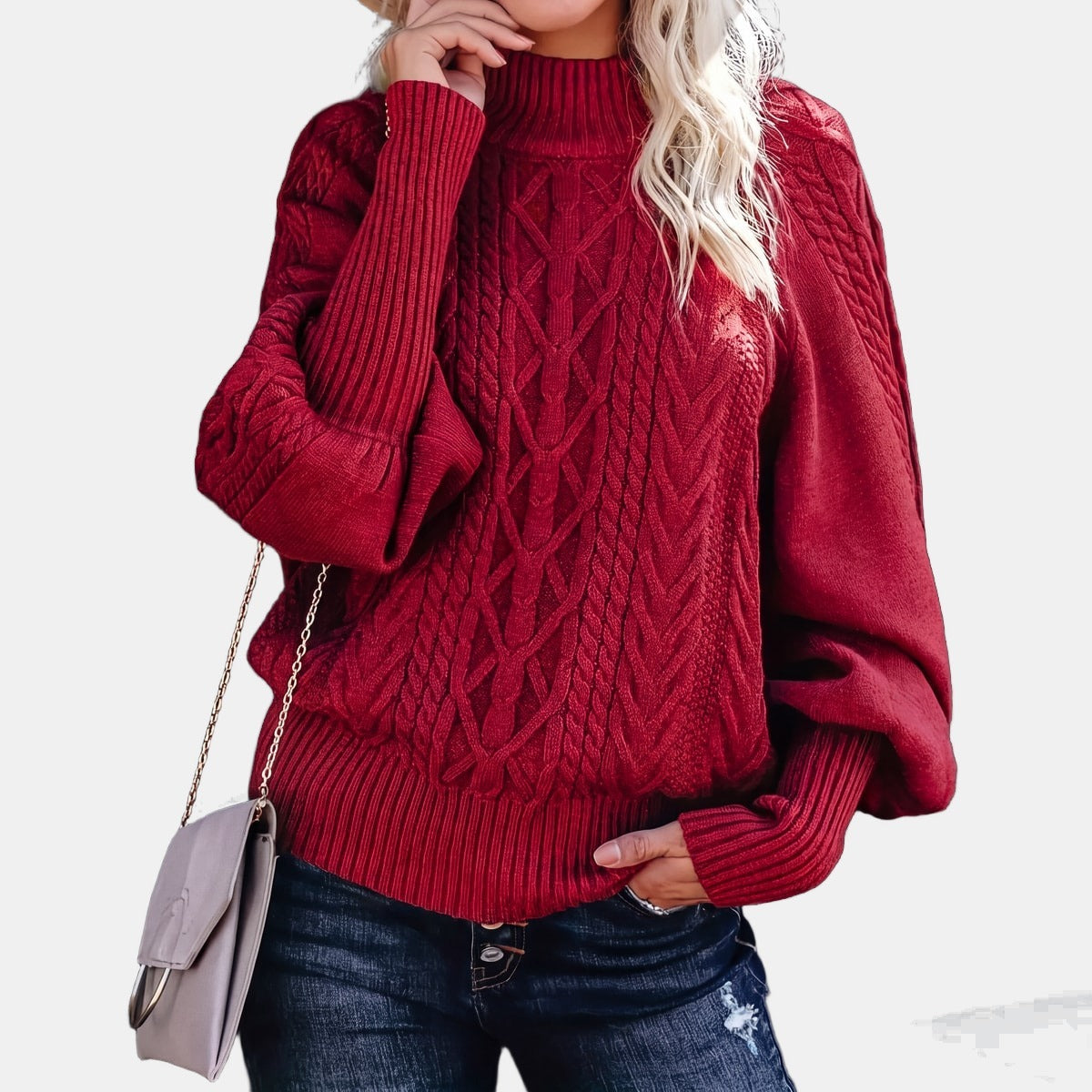 Khaki Oversized Cable Knit Jumper Burgundy, studio photo