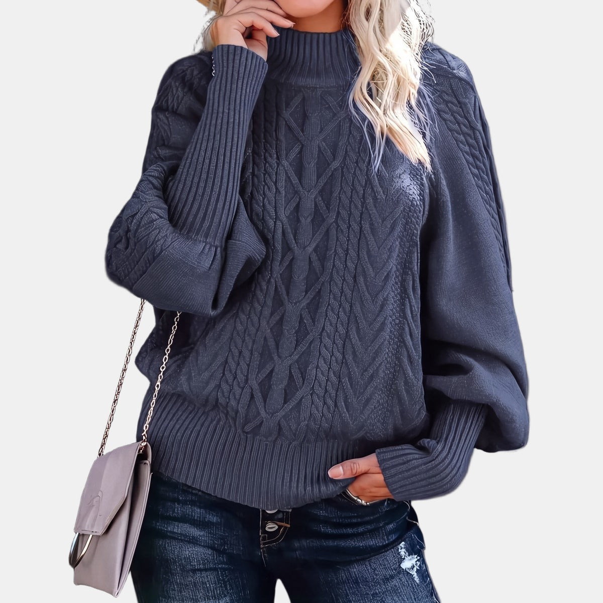 Khaki Oversized Cable Knit Jumper Navy, studio photo