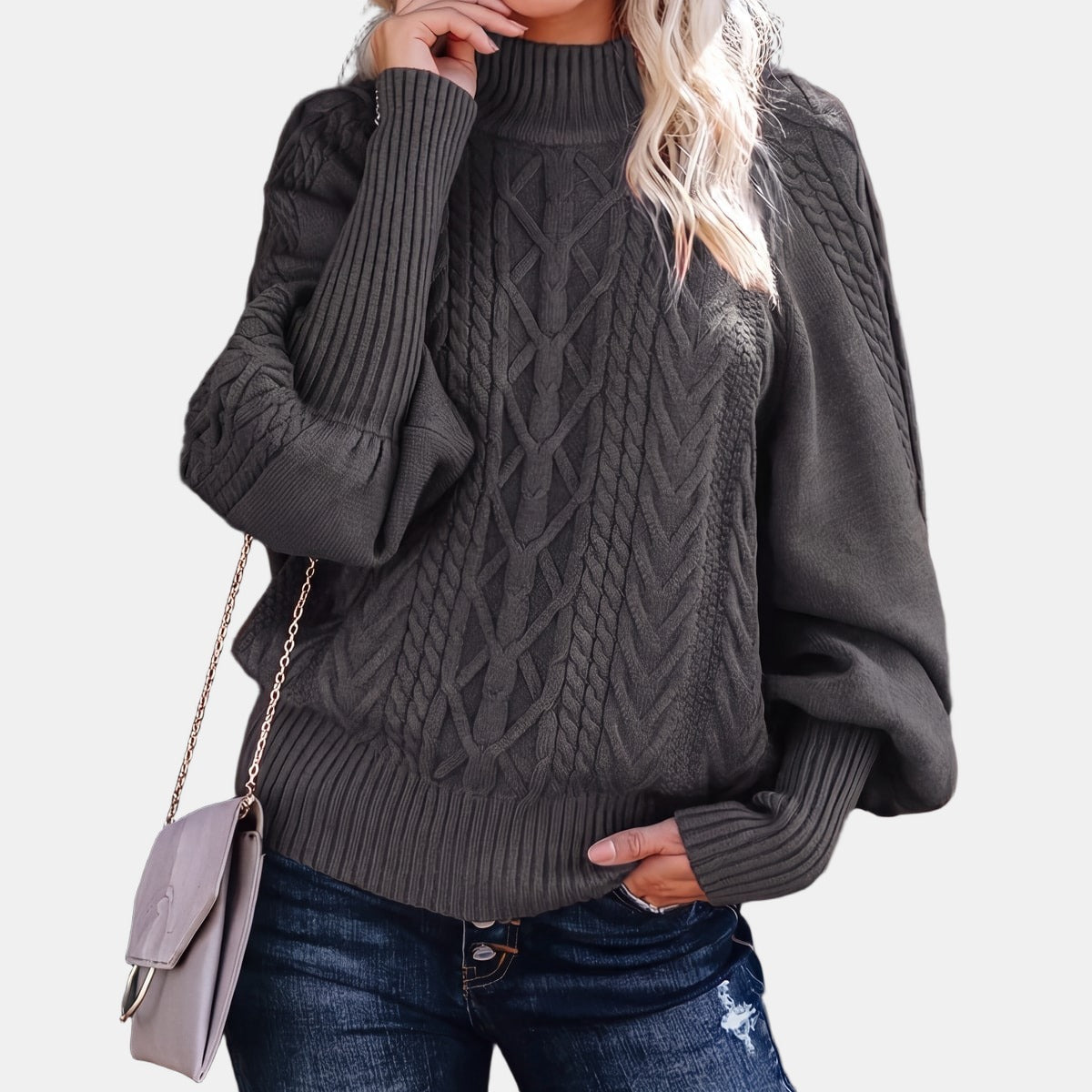 Khaki Oversized Cable Knit Jumper Grey, studio photo