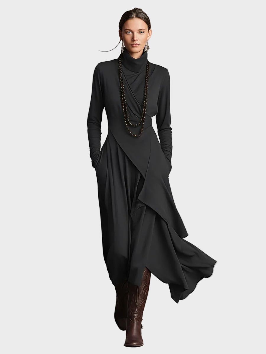 Tessie | Asymmetric Knit Turtleneck Maxi Dress Dark Grey, photo studio