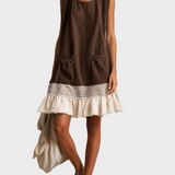 Amber | Light Blue Sleeveless Tunic Dress with Red Trim and Gathered Hem