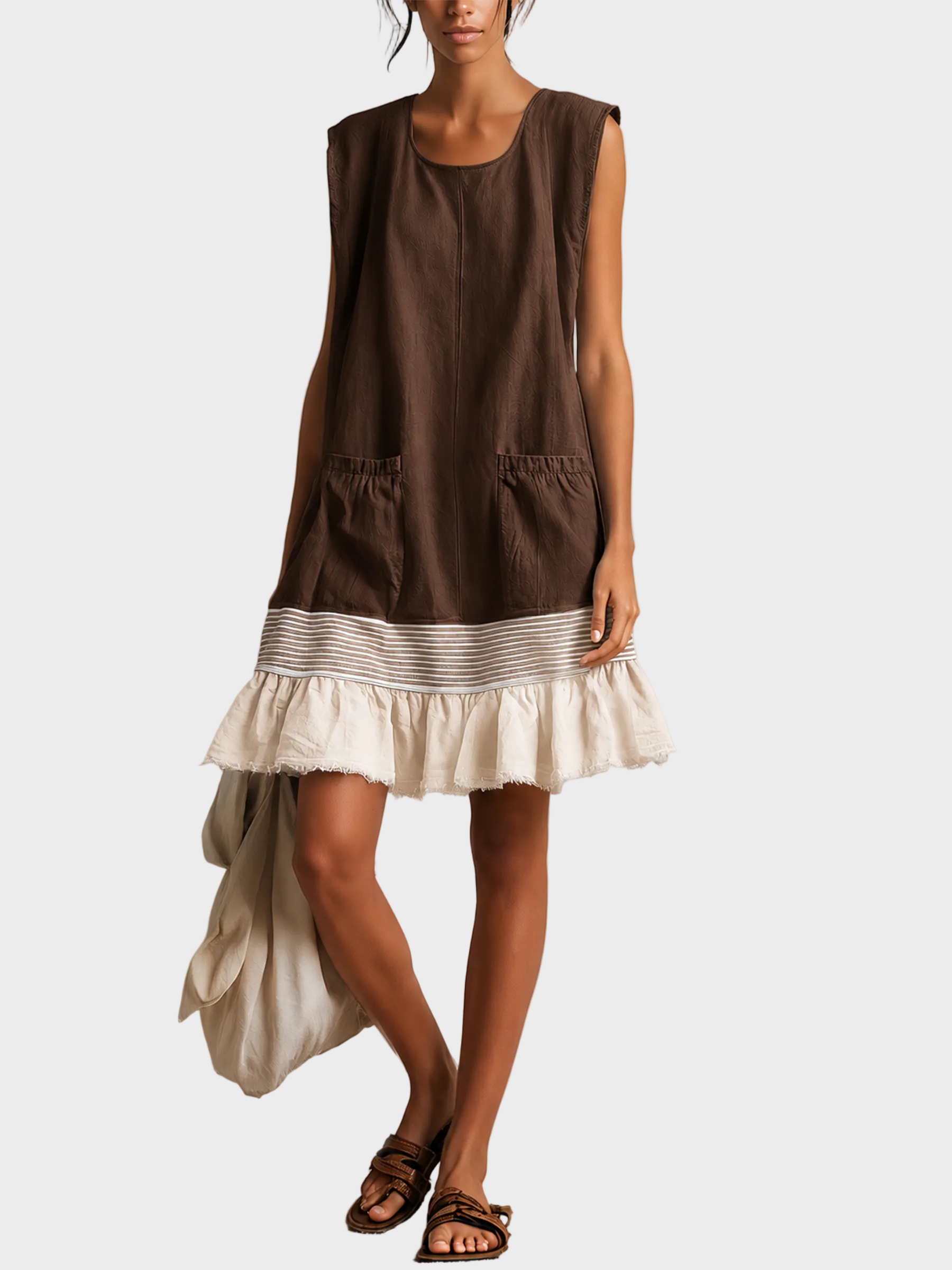 Amber | Light Blue Sleeveless Tunic Dress with Red Trim and Gathered Hem Brown, photo studio