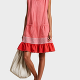 Amber | Light Blue Sleeveless Tunic Dress with Red Trim and Gathered Hem
