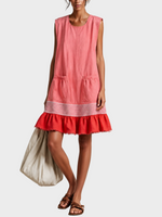 Amber | Light Blue Sleeveless Tunic Dress with Red Trim and Gathered Hem