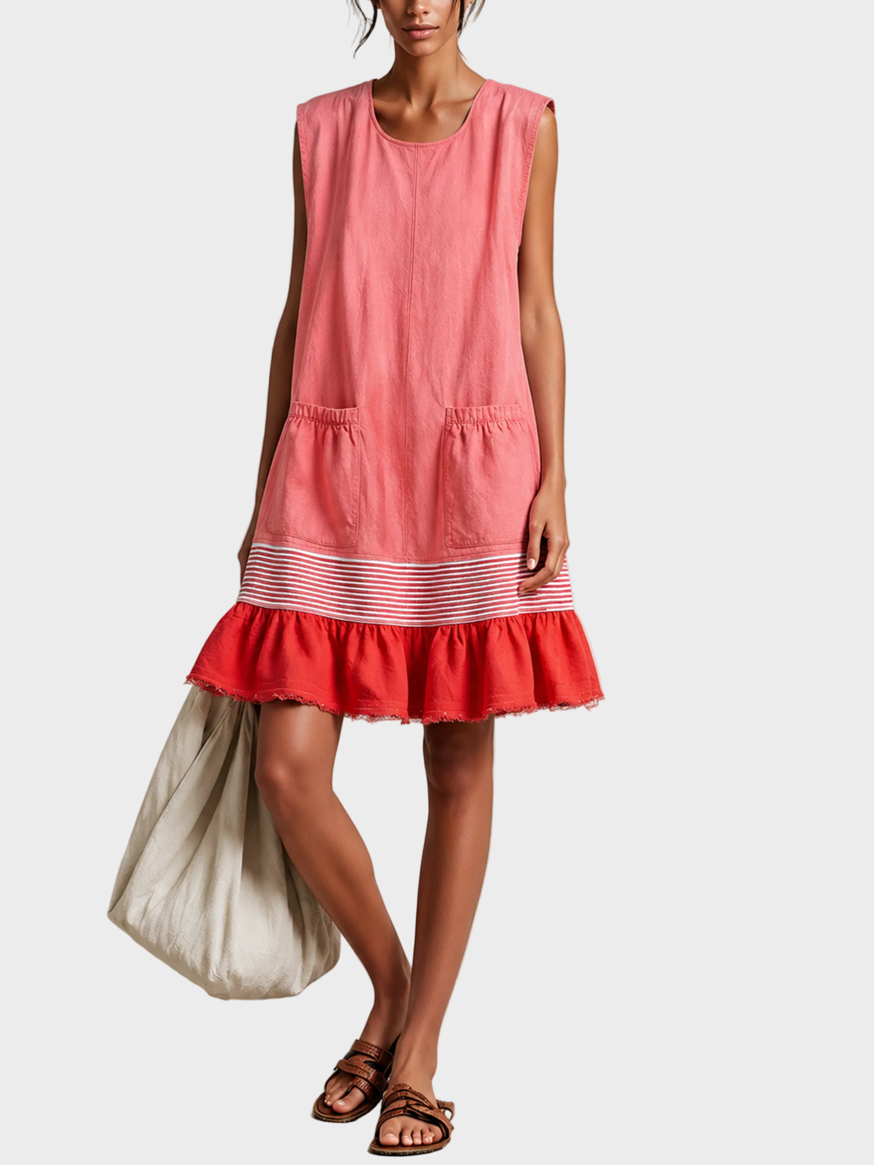 Amber | Light Blue Sleeveless Tunic Dress with Red Trim and Gathered Hem Pink, photo studio