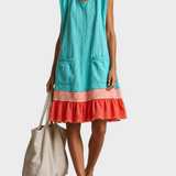 Amber | Light Blue Sleeveless Tunic Dress with Red Trim and Gathered Hem