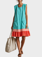 Amber | Light Blue Sleeveless Tunic Dress with Red Trim and Gathered Hem