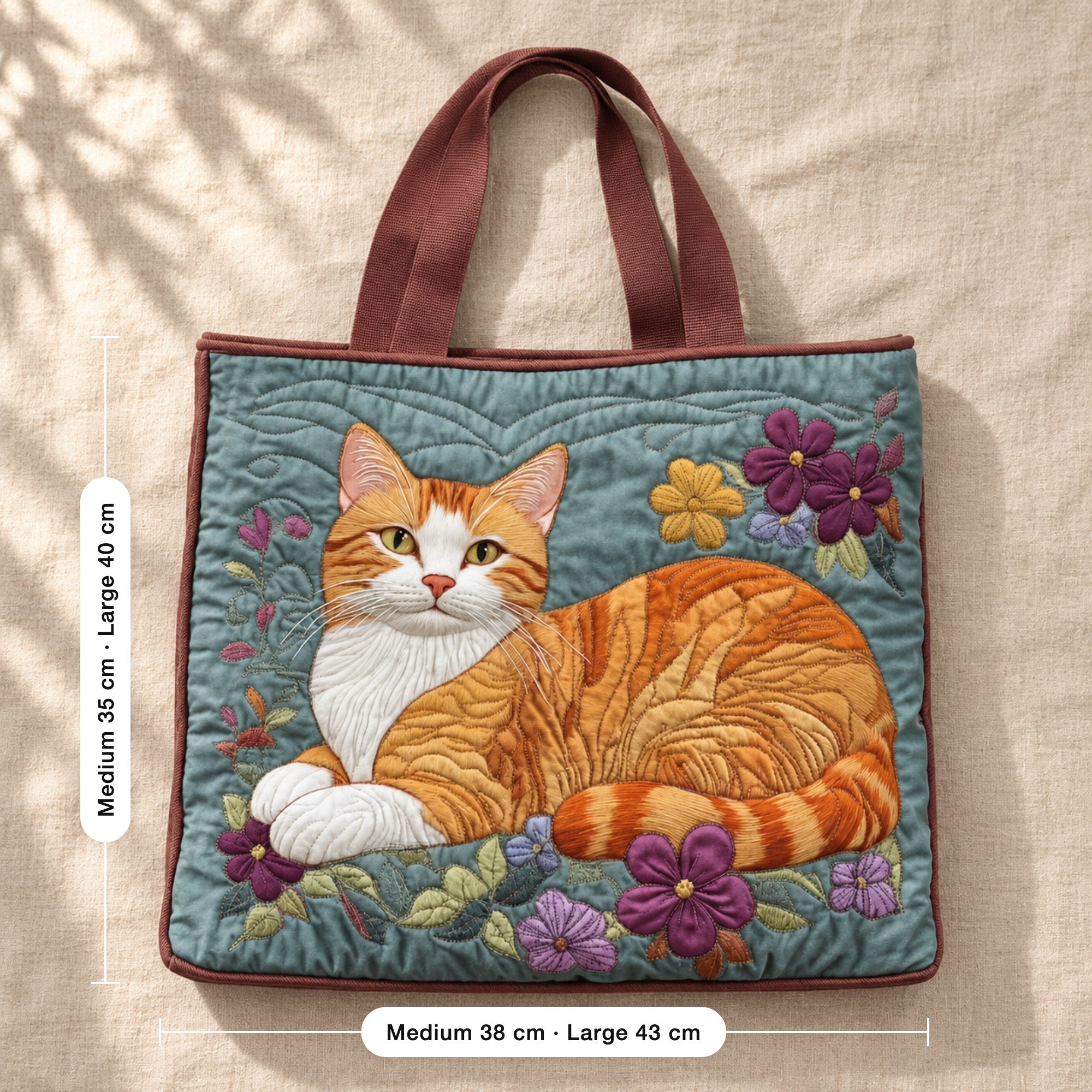 Laoise | Quilted Tote Bag with a Resting Tabby Cat, flat lay with sizes