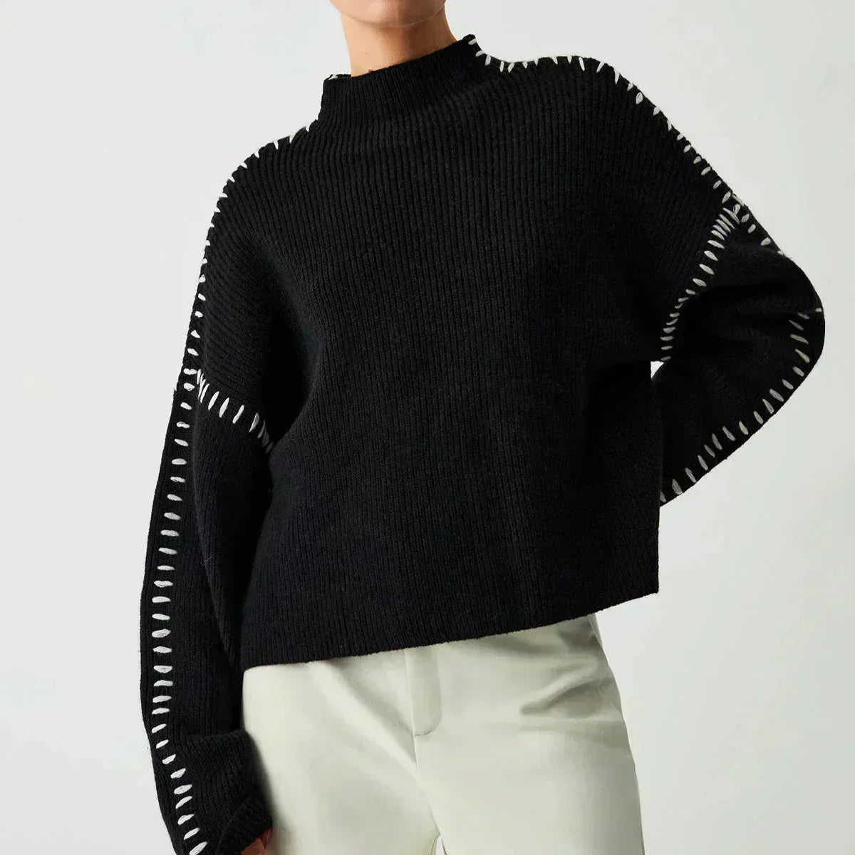 Black Contrast Stitch Jumper Black, photo studio