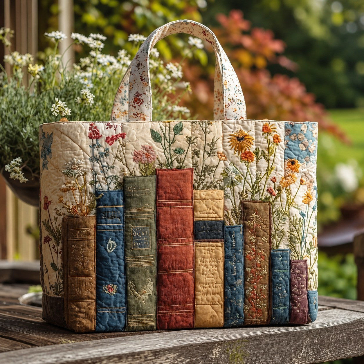 Quilted Handcrafted Bag - Books and Wildflowers