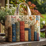Liza | Quilted Tote Bag with a Row of Books and Wildflowers