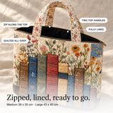 Liza | Quilted Tote Bag with a Row of Books and Wildflowers