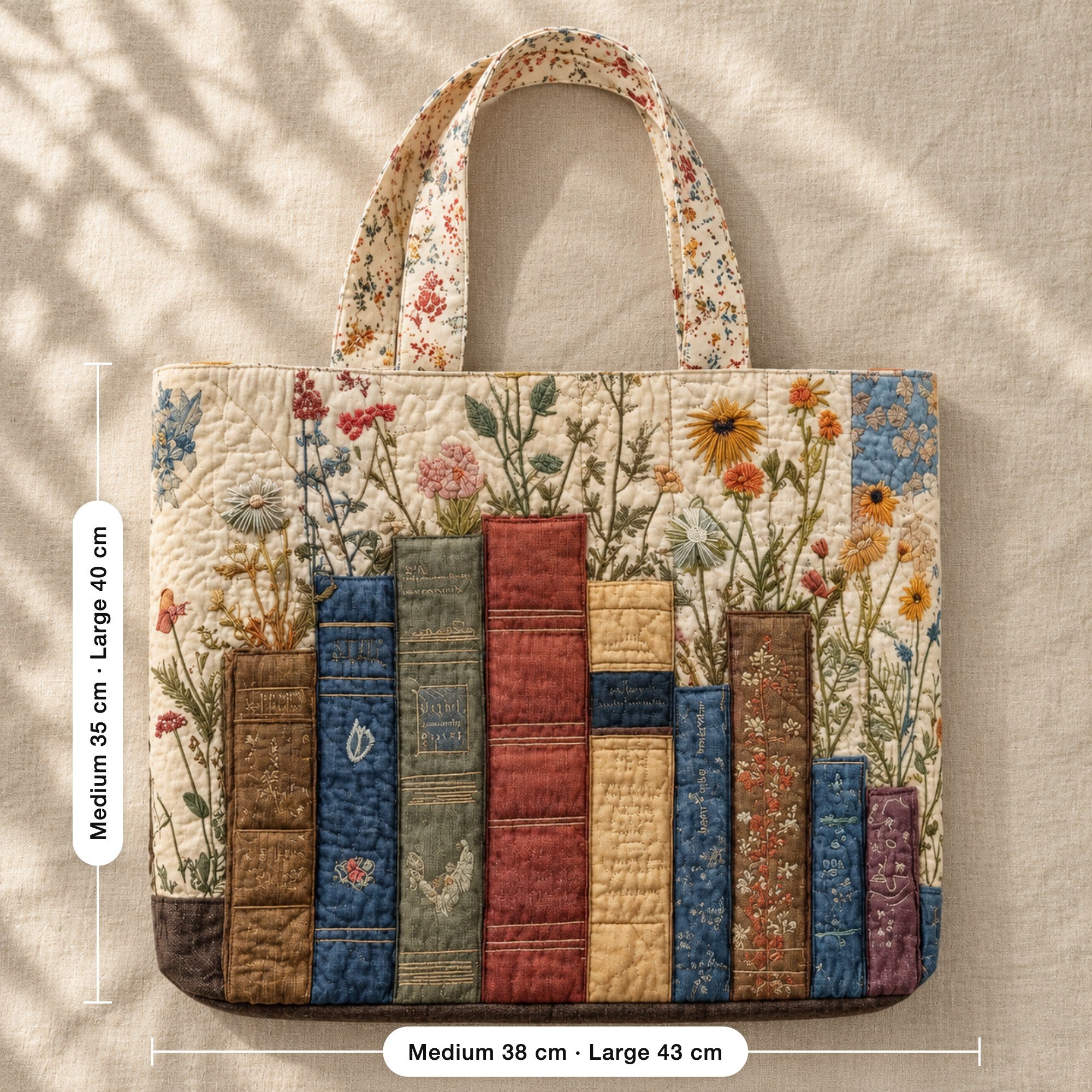 Liza | Quilted Tote Bag with a Row of Books and Wildflowers, flat lay with sizes