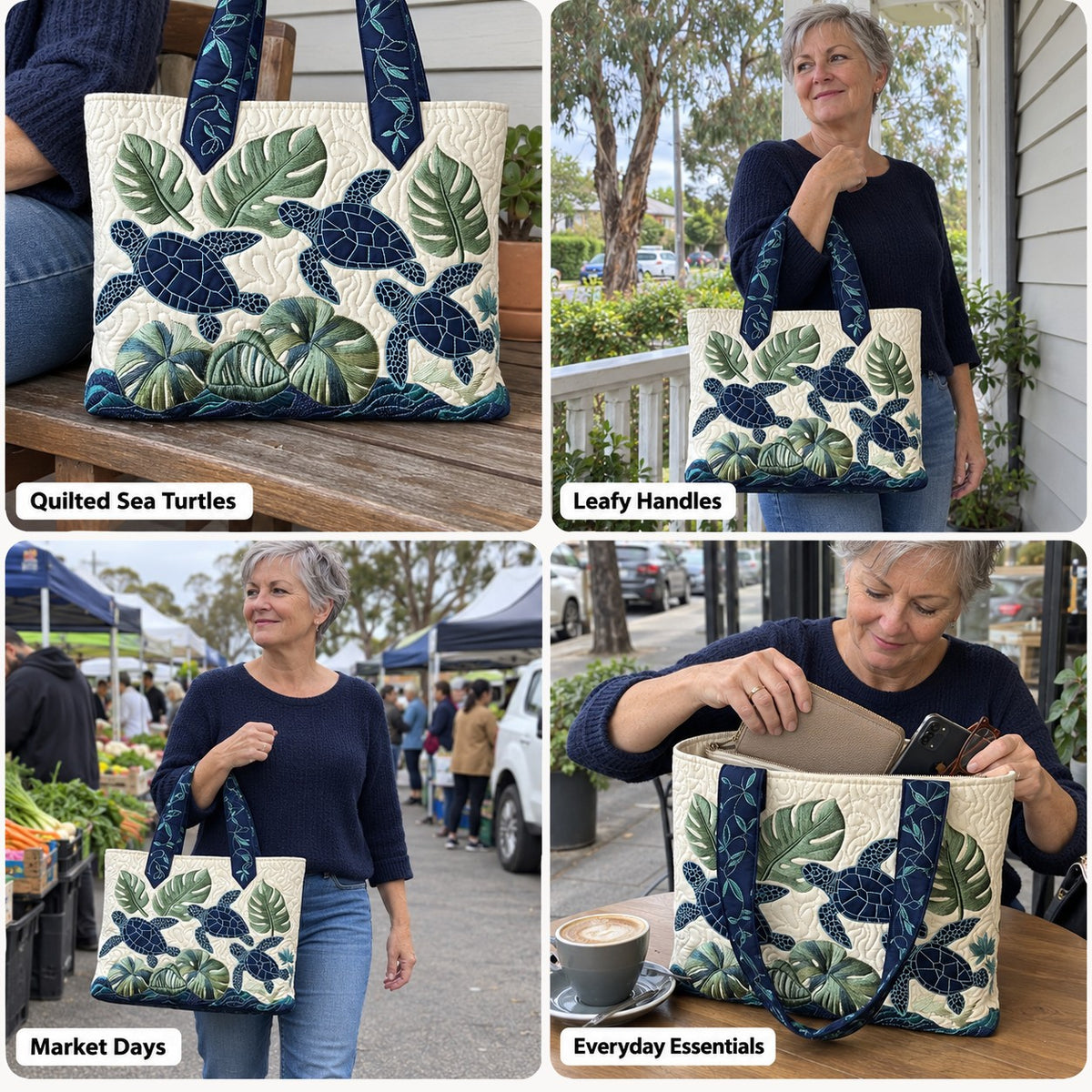 Lois | Quilted Tote Bag with Sea Turtles and Tropical Leaves